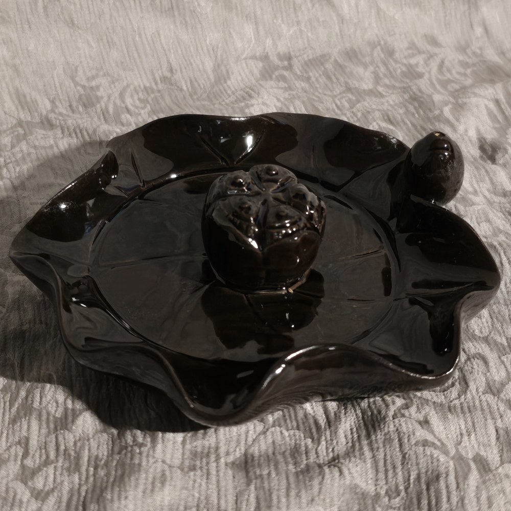 Vintage Blue Mountain Pottery Black Glazed Lotus Backflow Incense Burner trinket
